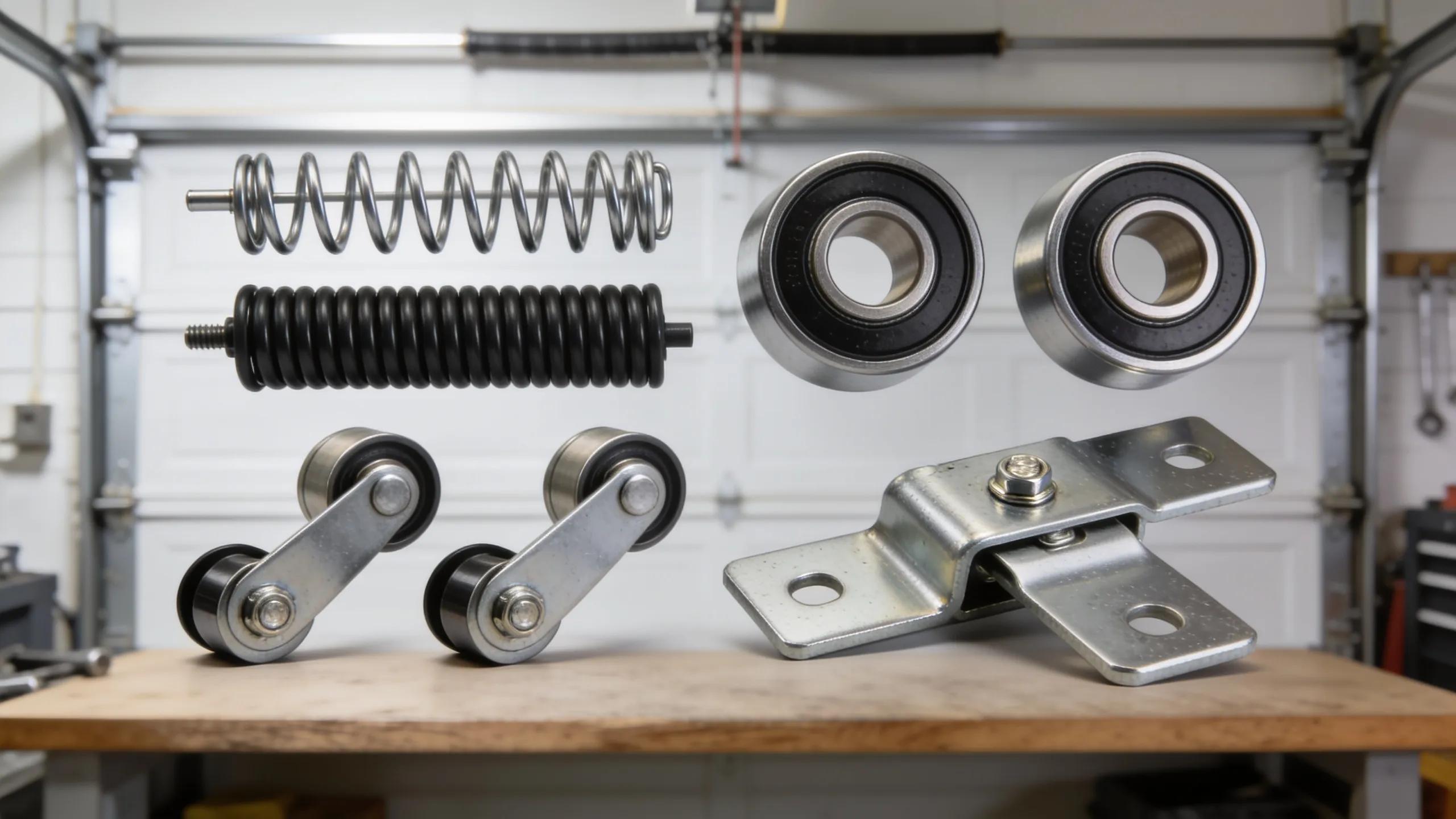 Selection of garage door replacement parts, highlighting types and components affecting repair costs