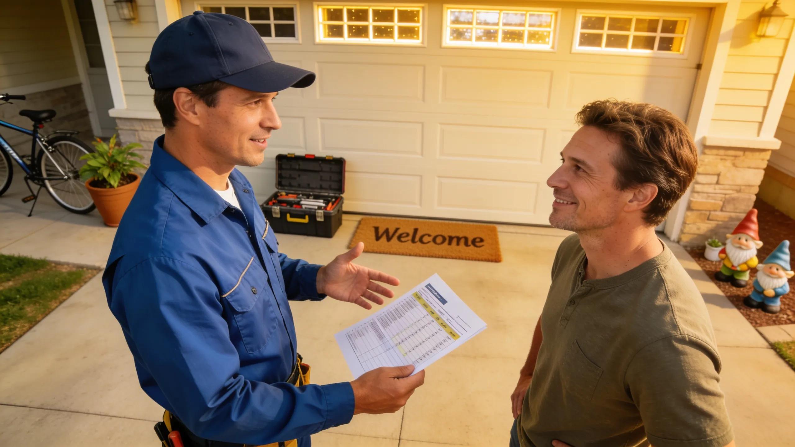Technician and homeowner discussing labor costs related to garage door repairs