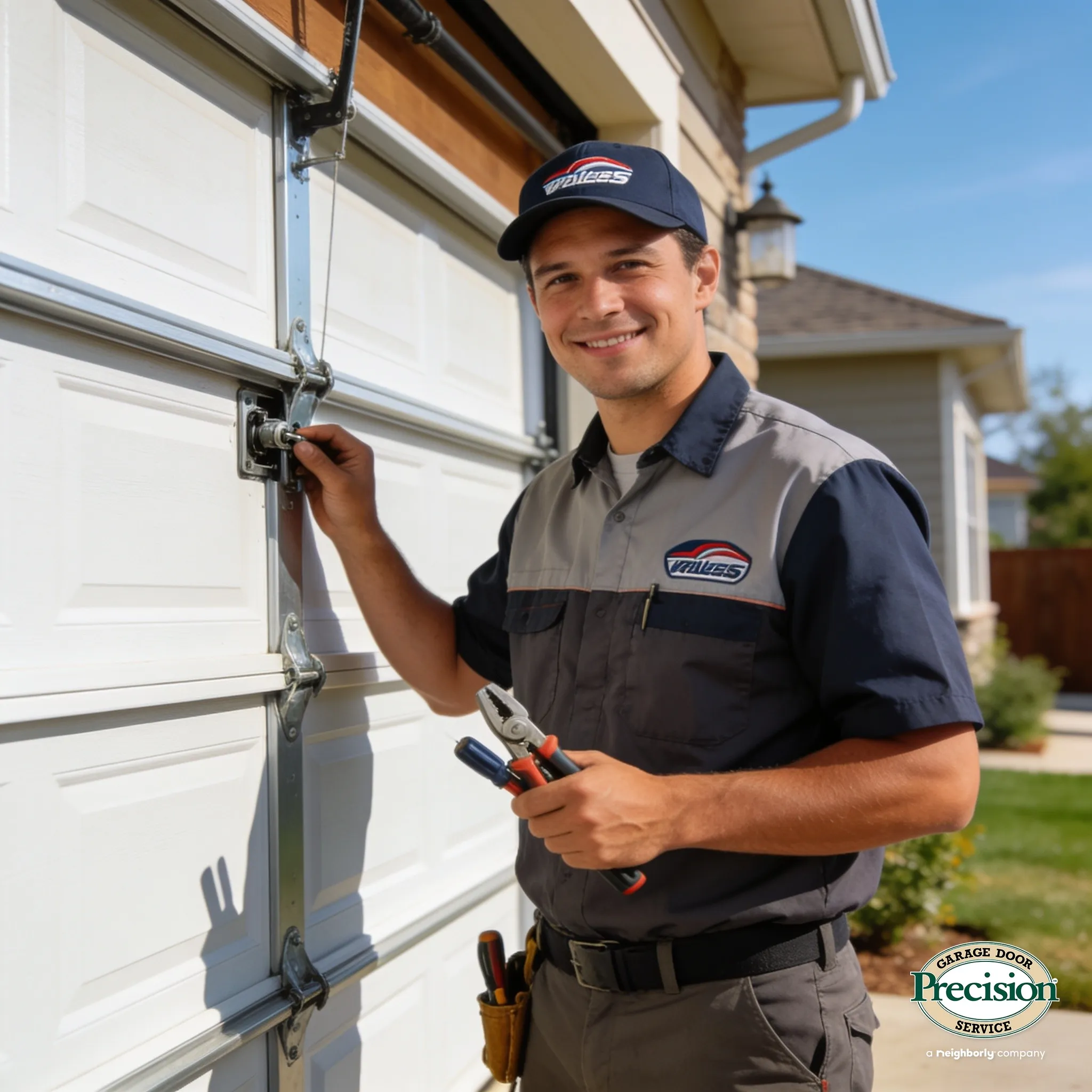 Professional garage door technician repairing a residential door with expert tools and certified skill