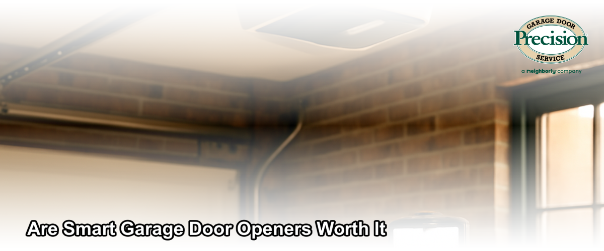 A modern smart garage door opener installed in a Chicago home garage with a smartphone displaying remote access controls