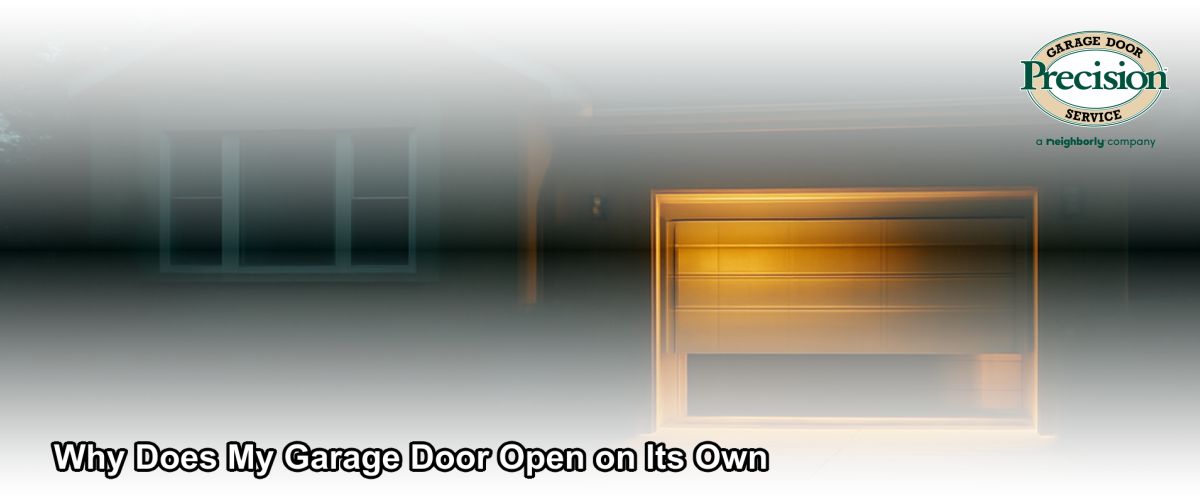 A residential garage door in Chicago opening on its own at night, with interior garage lighting visible and a concerned homeowner watching from the doorway