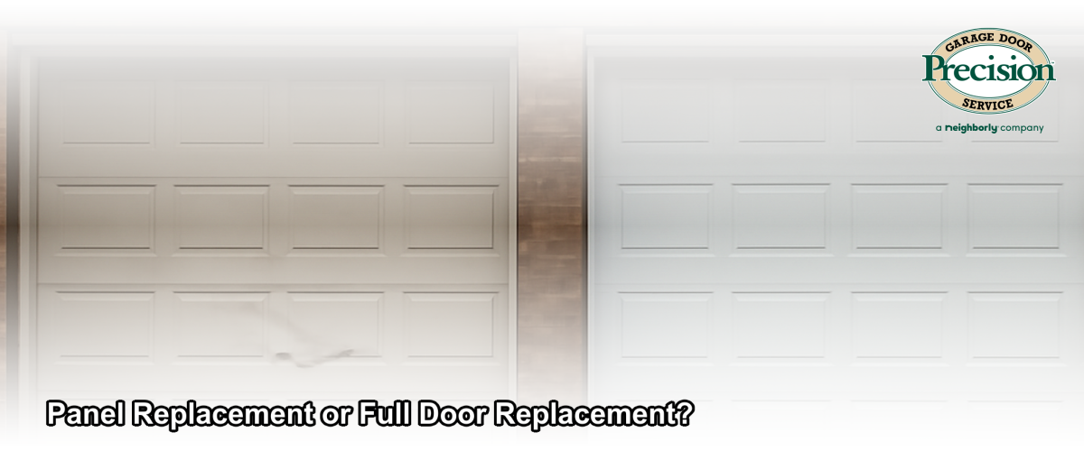 A Chicago-area garage door with one visibly dented panel beside a fully replaced modern garage door, side-by-side comparison in a residential driveway
