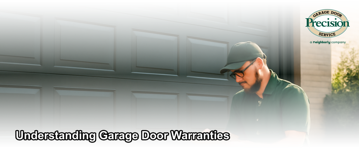 A professional garage door technician inspecting a newly installed garage door in a Chicago home, reviewing warranty documentation on a clipboard