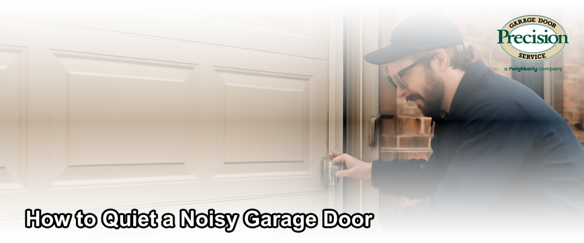 A residential garage door on a Chicago home being inspected by a technician, with close-up detail of the door's rollers and tracks.
