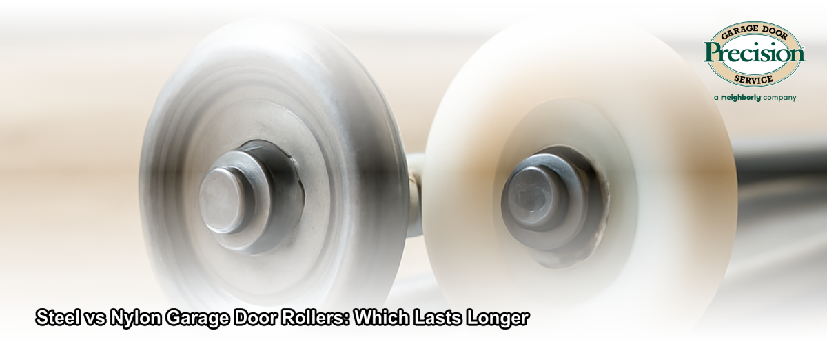 Close-up of steel and nylon garage door rollers side by side on a residential garage door track in Chicago