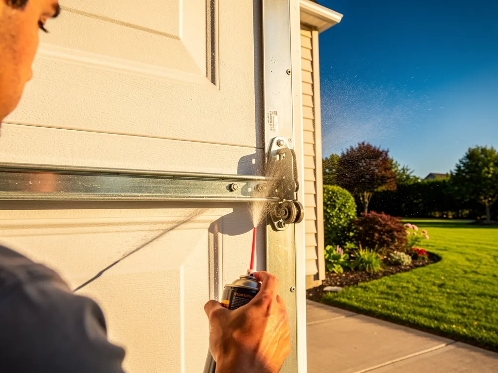 Homeowner lubricating garage door roller in bright summer daylight