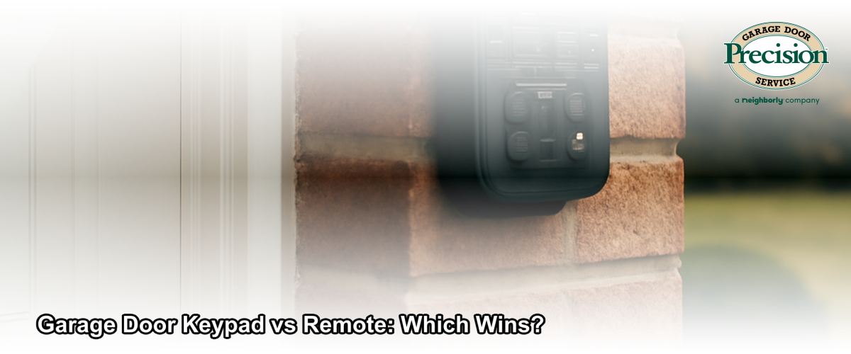 A wireless garage door keypad mounted beside a white residential garage door in a Chicago neighborhood, with a handheld remote control nearby on a clean surface