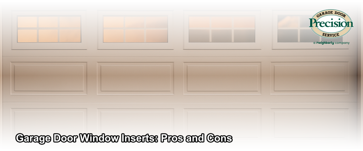 Close-up of a residential garage door with decorative window inserts on a Chicago home in natural daylight