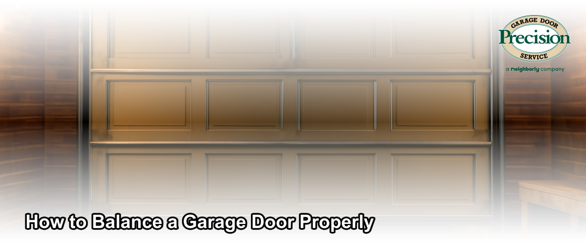 A technician performing a garage door balance test in a Chicago residential garage, with the door held halfway open