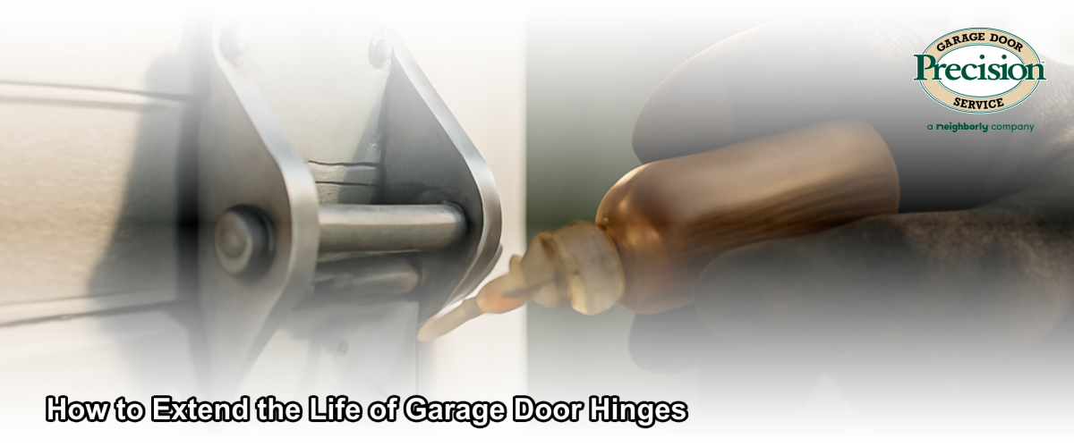 Close-up of a well-maintained steel garage door hinge being lubricated by a technician in a Chicago residential garage