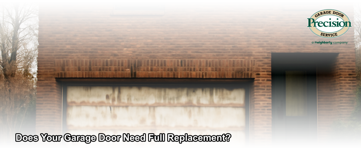 A weathered and visibly damaged residential garage door on a Chicago home showing warped panels and rust, contrasted with a clean modern replacement door