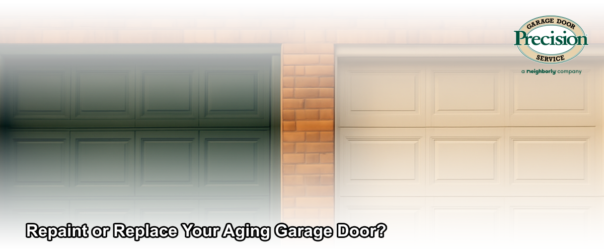 A split-image showing a freshly repainted wood garage door on the left and a brand-new steel garage door installation on the right, set against a Chicago residential street in autumn light.