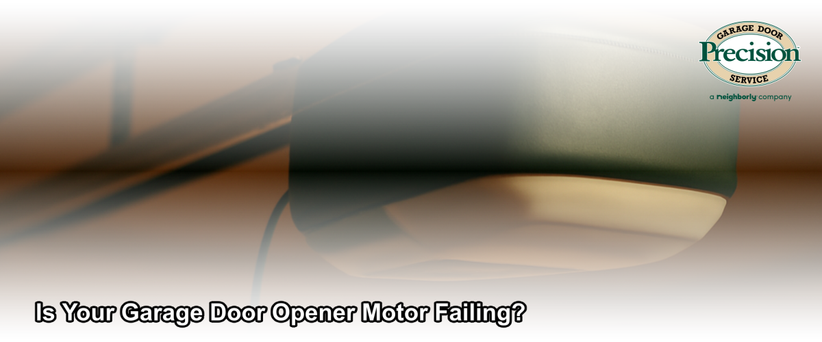 A garage door opener motor unit mounted to a ceiling track inside a Chicago home garage, showing signs of wear