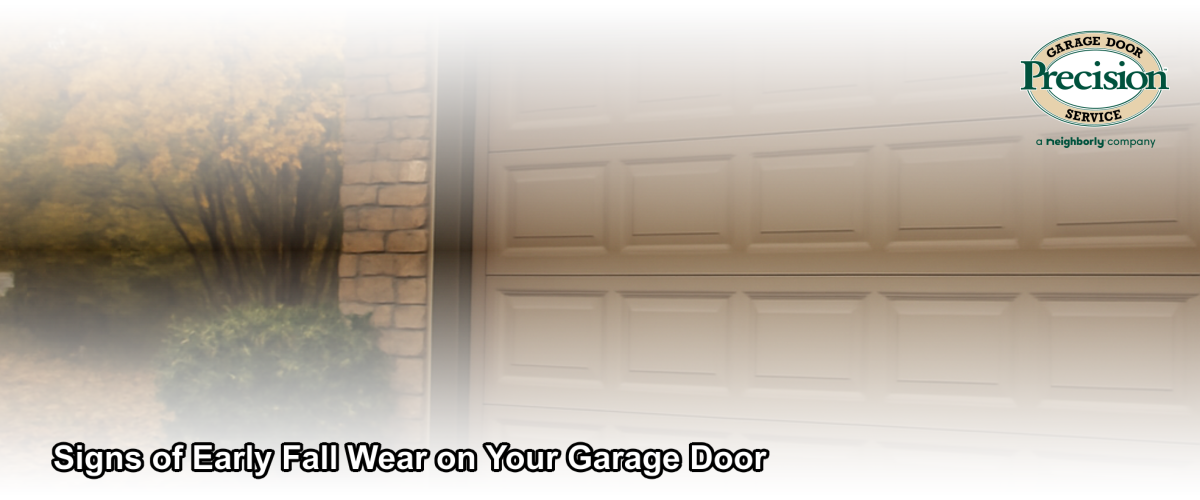 A residential garage door showing fall foliage and seasonal wear in a Chicago neighborhood, with close-up detail of weatherstripping and hardware