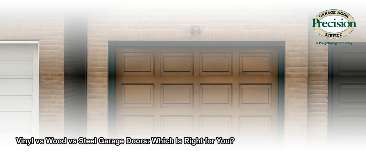 Side-by-side comparison of vinyl, wood, and steel garage doors on Chicago-area homes