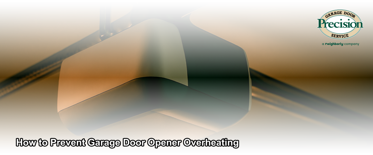 Close-up of a garage door opener motor unit mounted to a garage ceiling in a Chicago home, showing ventilation and mechanical components